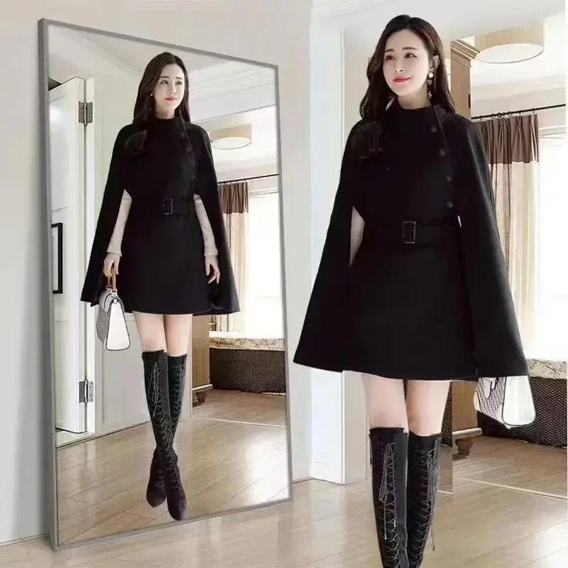 2025  Autumn High Quality Woolen Cloth Shawl Cape Poncho With Belt Women Mid-length Korean Sleeveless Casual Ladies Cape Coats