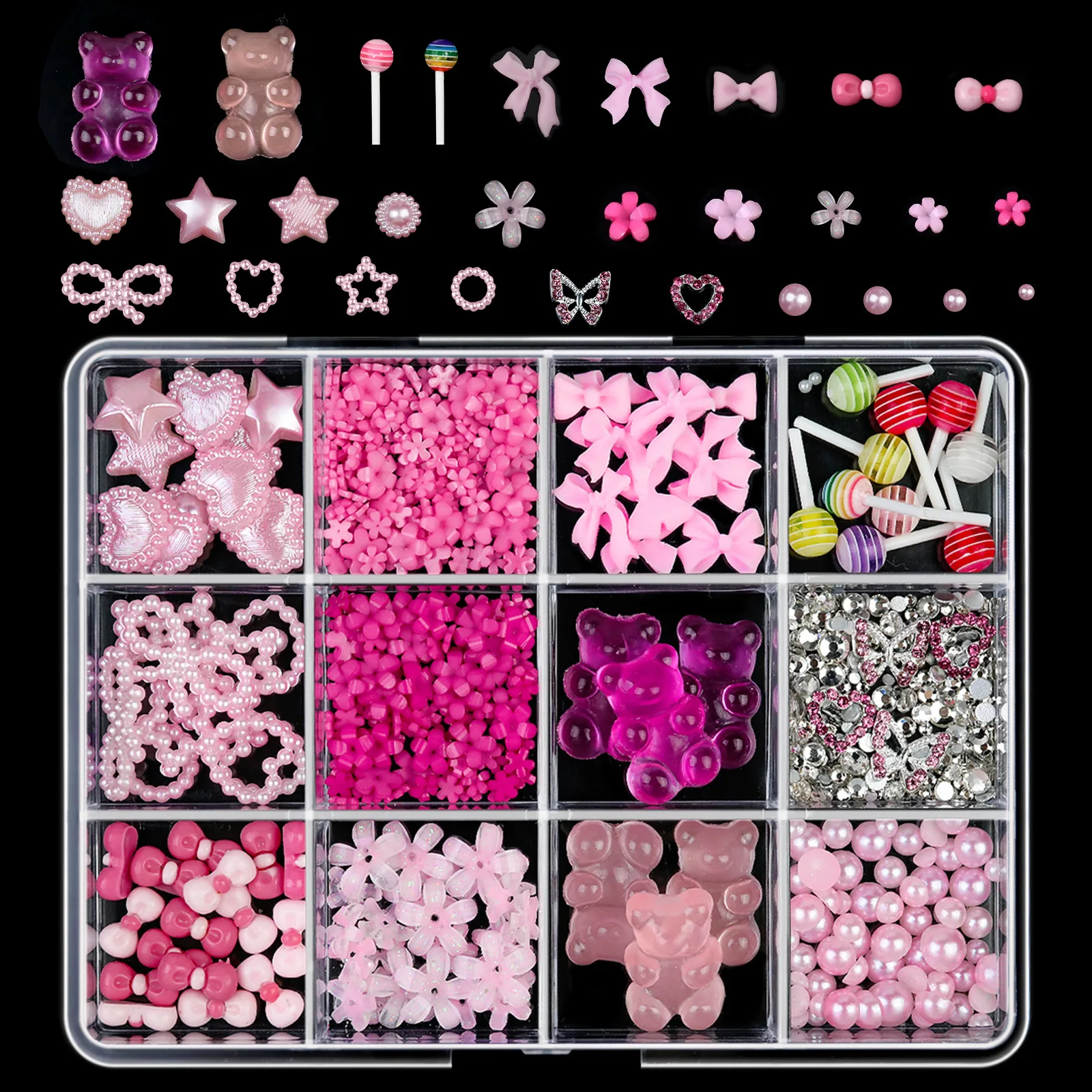 12Grids/Box 3D Mixed Bowknot Pearl Heart Nail Charms Flatback Resin Flower,Star,Moon Nail Rhinestones DIY Nail Art Decorations & image 3