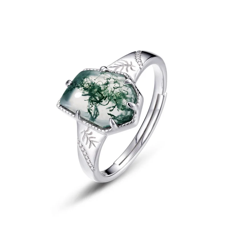 New S925 Pure Silver Green Moss Geometric Water Grass Agate Open Finger Ring European and American Retro Wedding Jewelry