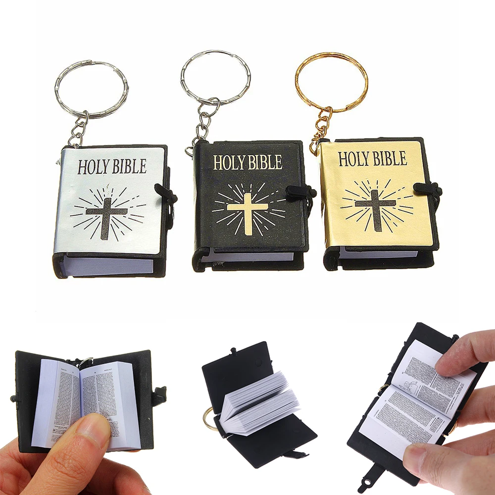 Mini Bible Keychain Book Pendant Creative Key Chain Car Key School Bag Decoration Accessories English Cross Religious Keyring