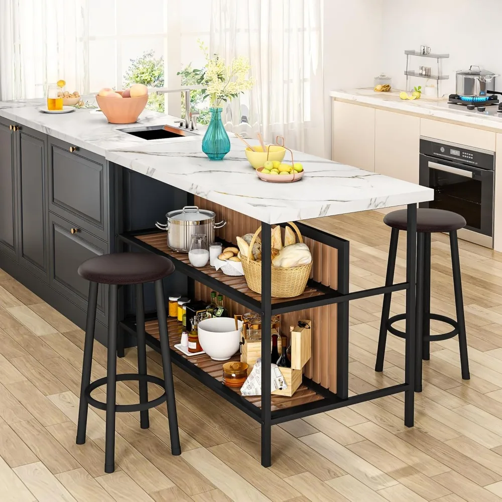 現代的な3ピースキッチンアイランド、スツールと収納付き、2人用コンパクトダイニングセット、省スペースキッチン＆ダイニングルーム家具