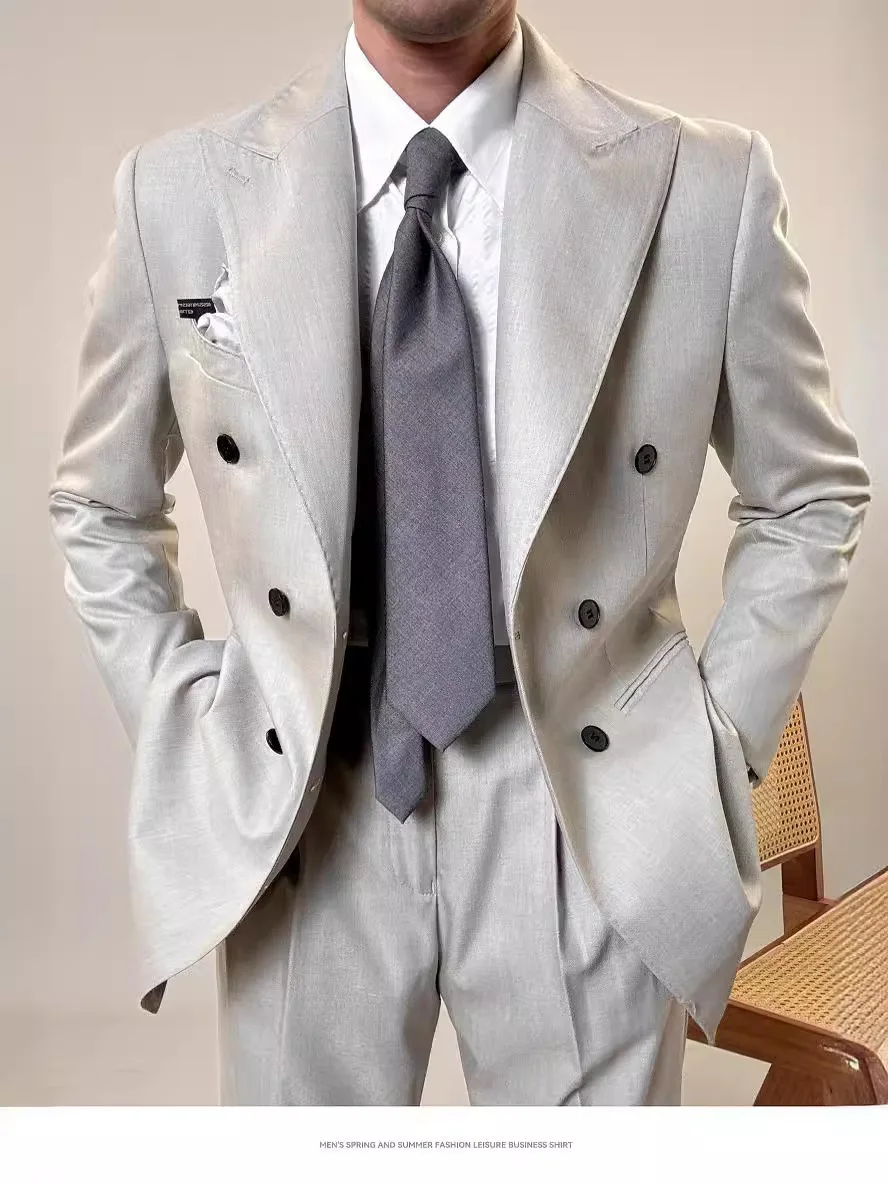 فاخر رمادي مزدوج الصدر صالح البدلة رجالي 2 قطعة مجموعة أنيقة السترة مأدبة الزفاف دعوى ملابس الأعمال تخصيص