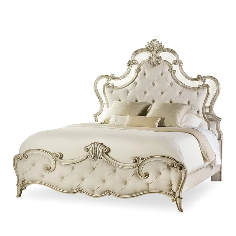 

European neoclassical solid wood carving flower bed, fabric buckle soft princess bed