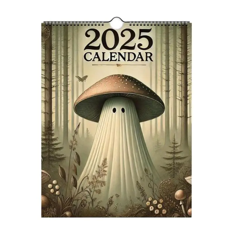 Pilz-Geist-Monatsplaner, Kalender, Vintage 2025, Geister-Wandkalender, Pilz-Thema, dekorativer Papierkalender für Kinderzimmer