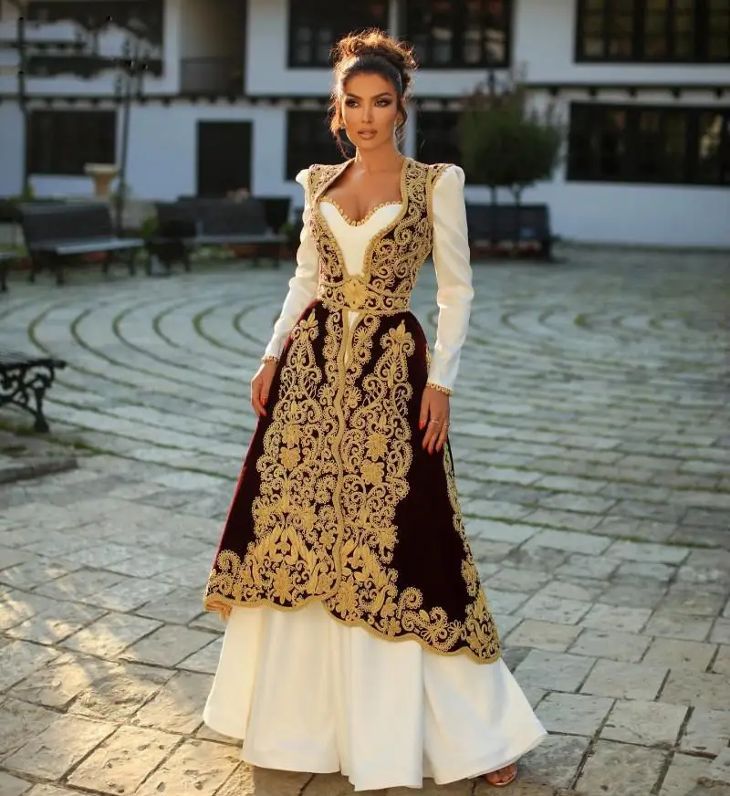 Vestidos de Noche tradicionales de Israel y Albania con Chaqueta larga, abrigo de terciopelo burdeos, Apliques de encaje, vestidos de novia para fiesta de graduación