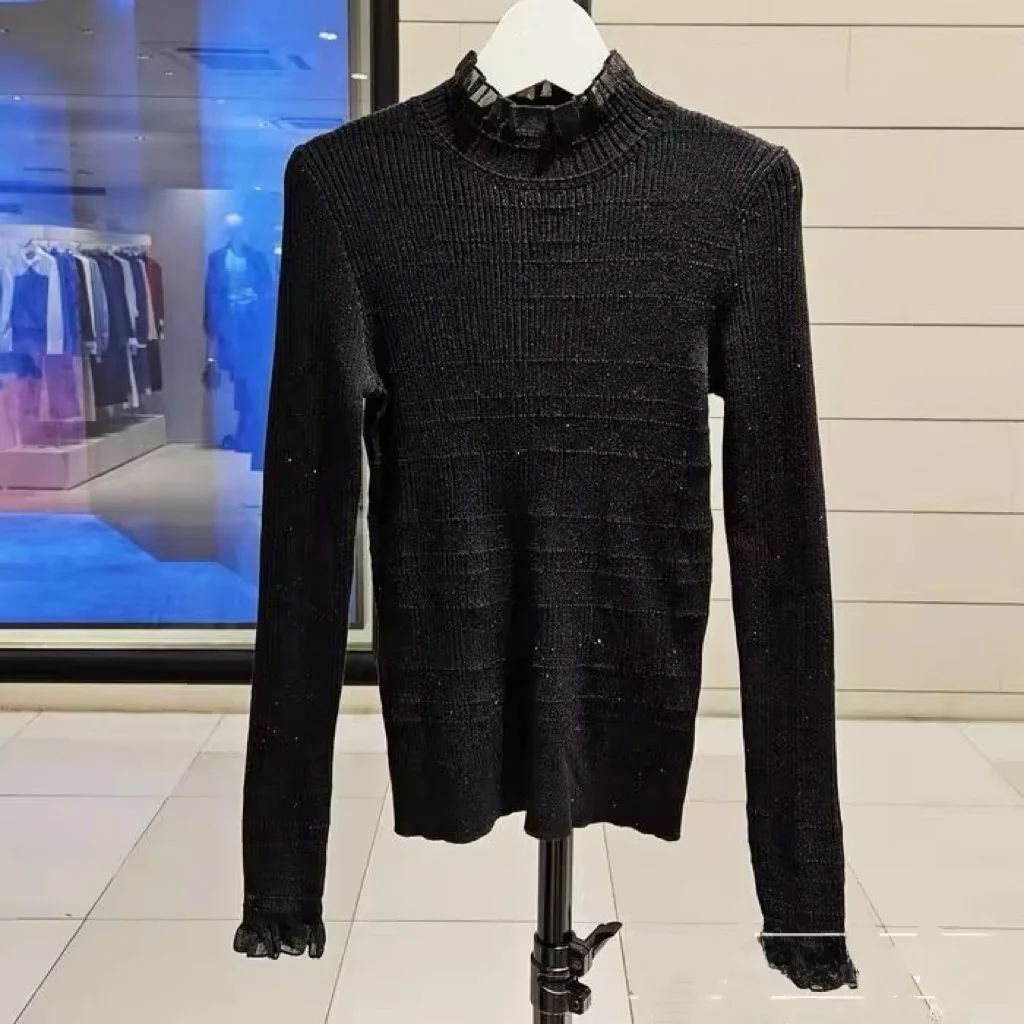 Ele Lemon Cheese JIG25 Winter Faionable Spitzenkragen Splice Stripe Base irt Damen Strickpullover Hoher Kragen Lang S...