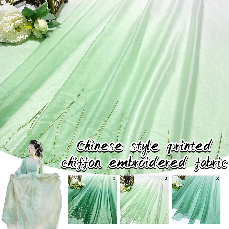 0.5x1.5M Chinese Classical Hanfu Fabric Print Green Lotus Leaf Chiffon Embroidery Fabric For DIY Hanfu Dress Shirt Dance Costume