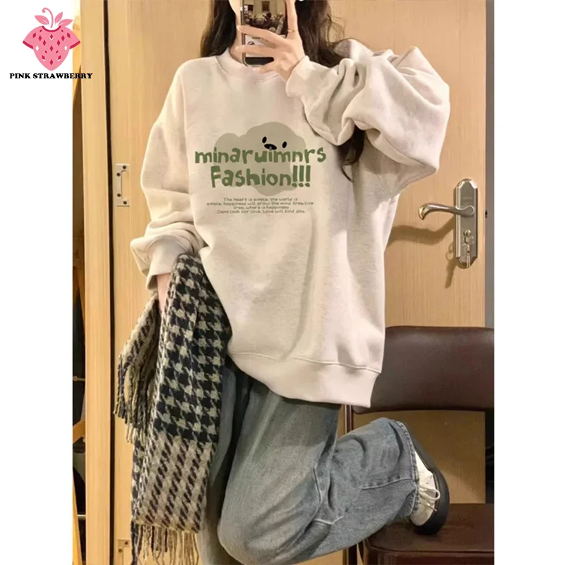 

American Letter Print Sweatshirt Women Autumn Winter 2025New O-Neck Loose Casual Warm Thicken Sweatshirt Y2K Top Female clothing