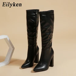 Eilyken Women Knee-High Boots Elegant Street Style Pointed Toe Chunky High Heel Zipper Long Booties Party Shoes