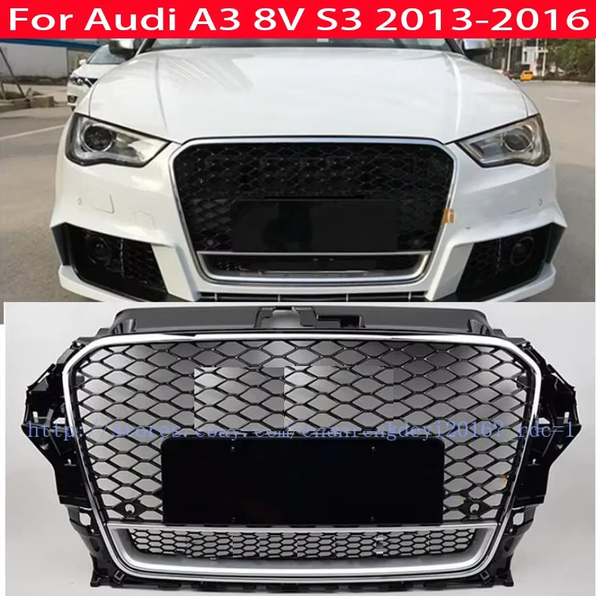 RS3 Style Front Honeycomb Grill Grille For Audi A3 S3 2014 2015 2016 2017 2018 2019 2020 Black Grill Black Rings