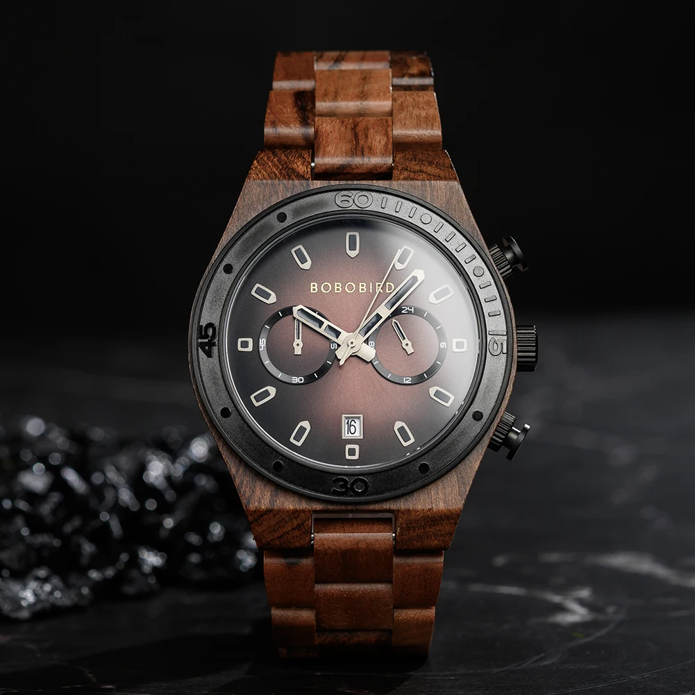 BOBO BIRD Wood Watch Business Men's Wristwatch Custom Engraved Wooden Watches Chronograph Date Display Unique Personalized Gifts