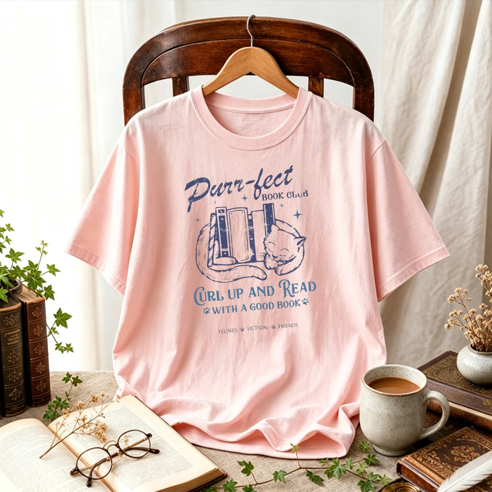 Purr-fect Book Club Curl Up and Read with A Good Book T-Shirt Sleeping Cat Book Stack   Tee Bookworm Cat Lover Reading Gift Tops