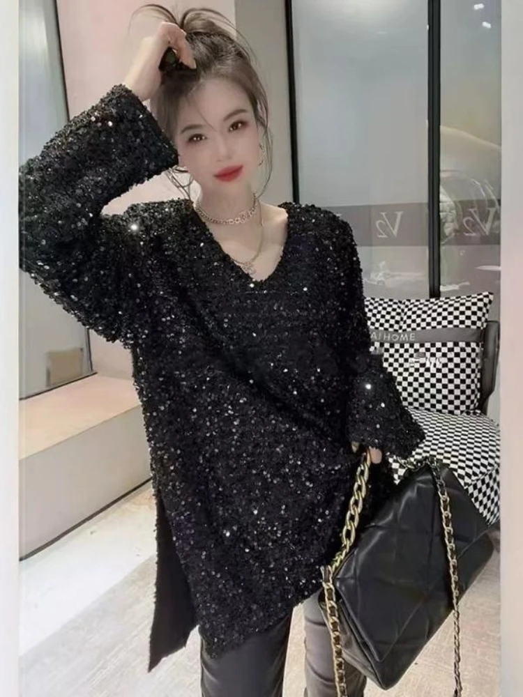 

Женский пуловер с блестками, топы с разрезом, высокое качество, дропшиппинг, новинка, мода Харадзюку, корейский свитшот с v-образным вырезом 2000-х годов для женщин