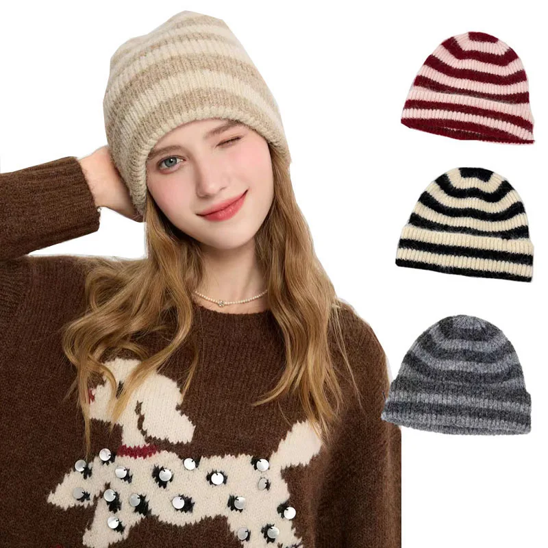 

Beanie Hat for Women Ins Striped Knitted Wool Cap Autumn Winter Warm Hip-hop Crochet Pullover Streetwear Unisex Hats