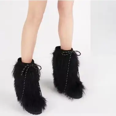 

Winter Warming Lady Black Full Wool Fur Thick Heel Short Boots Woman Round Toe 100 mm Hidden Wedge Heel Slip On Snow Boots Lady