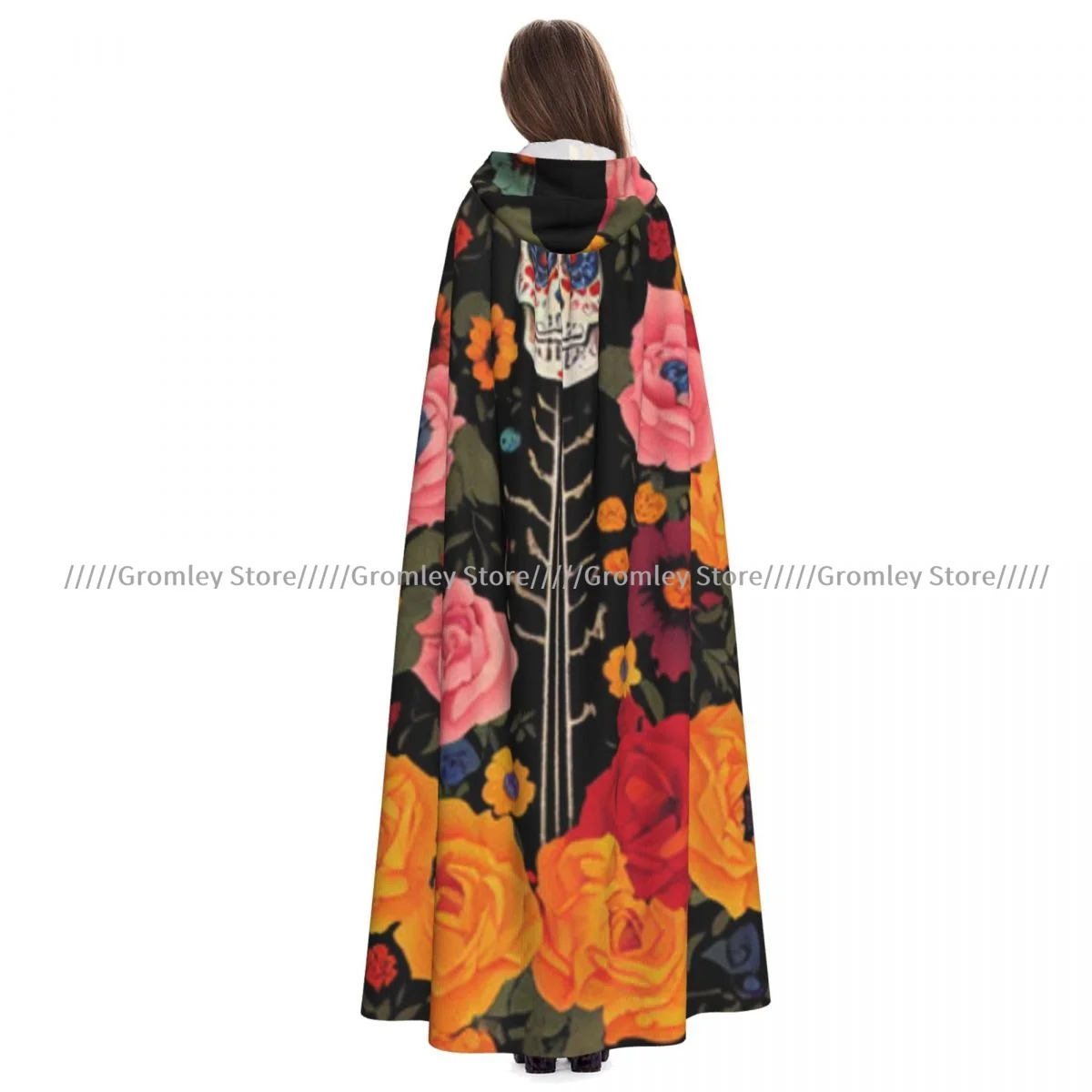 Adult Dia De Muertos Illustration Cloak Cape Hooded Medieval Costume Witch Wicca Vampire Halloween Costume Dress Coat