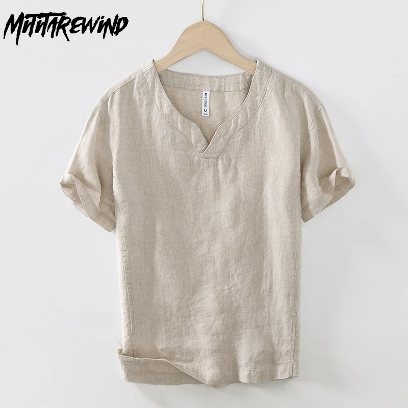 

Chinese Style Retro Tshirt Men Summer Casual Breathable Beach Men Tees Solid V-Neck Short Sleeves 100% Linen T-shirt Simple Tops