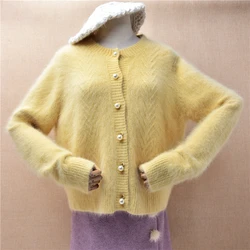 Women Mujer Autumn Winter Clothes Hairy Angora Rabbit Hair Knitted Long Sleeves Loose Cardigans Mink Fur Sweater Jacket Pull Top