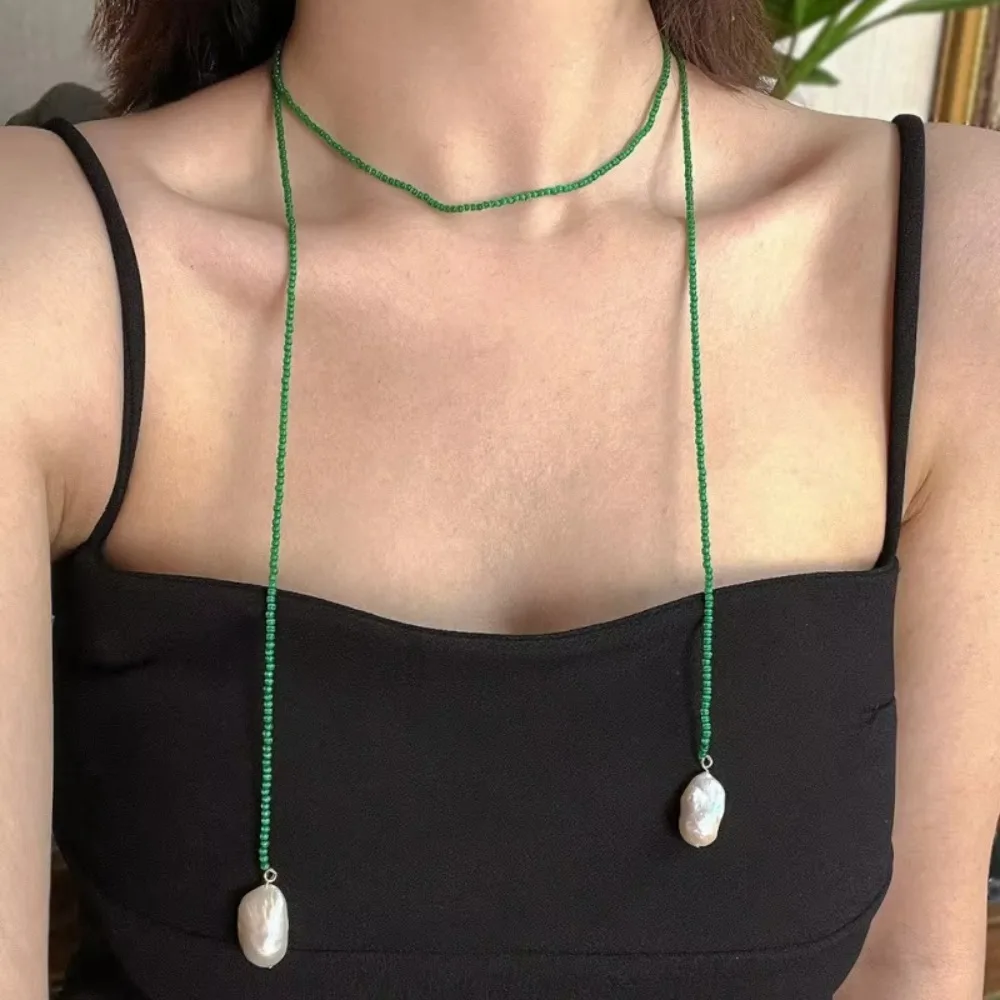 Retro Alien Irregular Neck Chain Black Green Resin Bead Imitation Pearl Pendant Sequins Rhinestone Long Necklace Women Girl