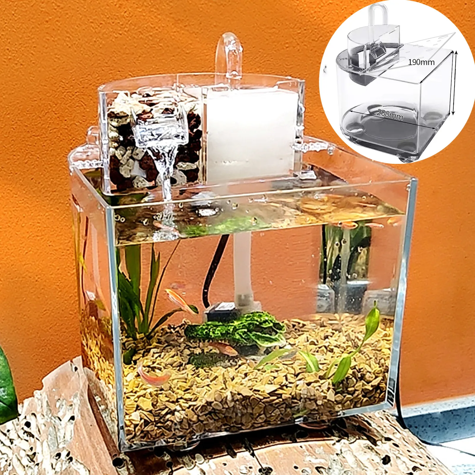 

Ecological Aquarium Transparent Fish Tank Mini Desktop Fish Tank Set with Cover Water Filter 2.5W Submersible Pump Home Decor