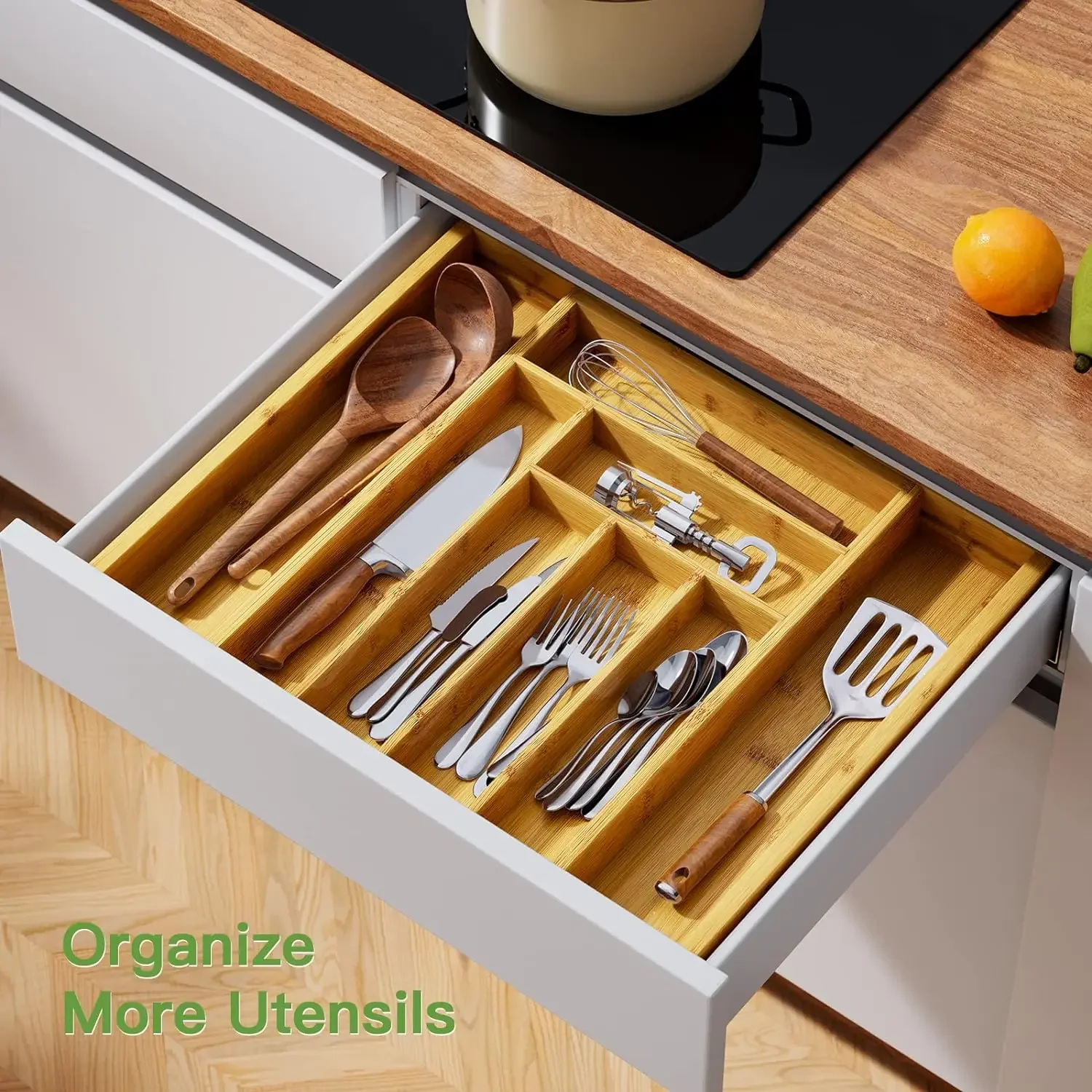 Adjustable Bamboo Drawer Organizer for Kitchen Cutlery Utensils Expandable Utensil Holder for Drawer Organization in Bamboo