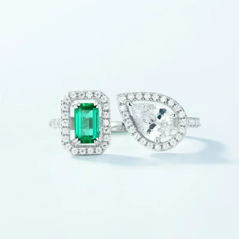 Shining U Vintage S925 Silver Synthetic Stone Created Emerald Ring for Women Open Ring Fine Jewelry