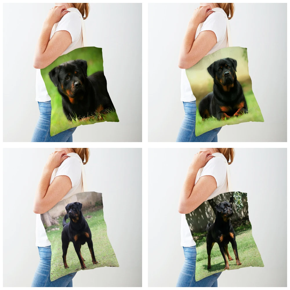 Brave Rottweiler พิมพ์กระเป๋านักช้อปสุนัขสัตว์น่ารัก Lady Canvas Tote กระเป๋าถือนํากลับมาใช้ใหม่ทั้งสองด้าน Casual Shopping Bag สําหรับผู้หญิง