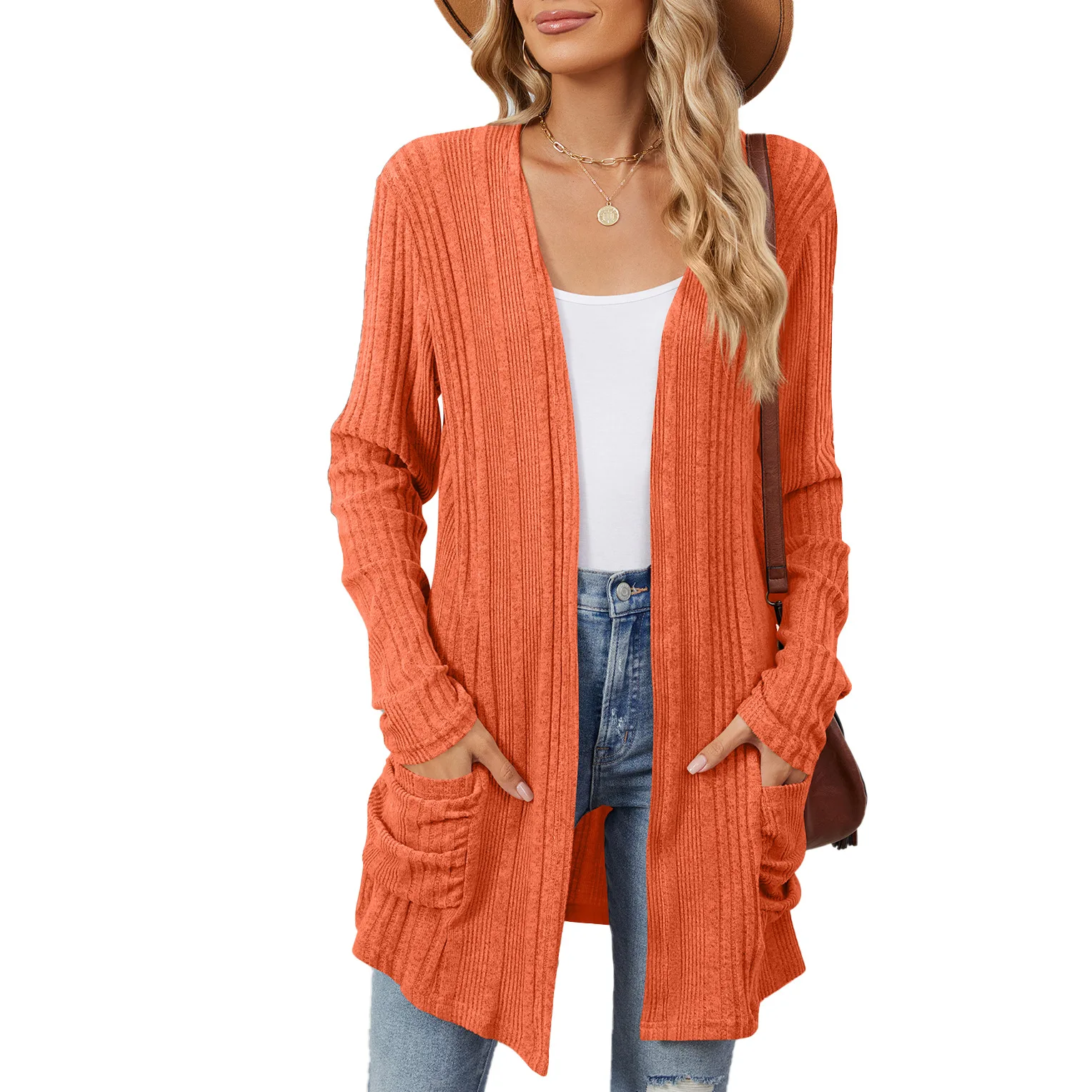 Y2K الخريف والشتاء المرأة الجديدة مخطط الخامس الرقبة بلون جيب سترة طويلة الأكمام سترة عادية الدافئة الموسعة #3