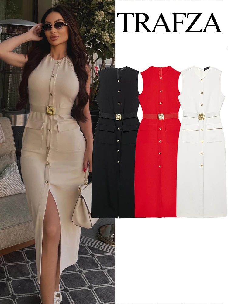 TRAFZA Women Summer New Round Collar Single Breasted Hem Slit Midi Dress Fashion Female Belt Design Sleeveless Back Zipper Dress