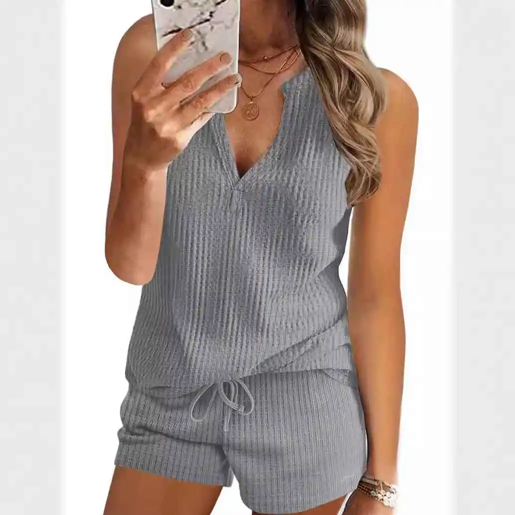 Colete feminino para casa, conjunto de camiseta com gola esportiva, peça completa, calças de cinco quartos, roupa de verão para adultos