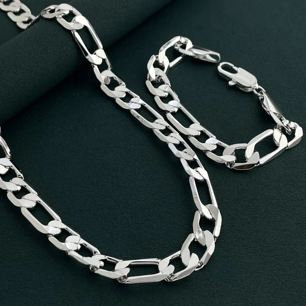 

925 Sterling Silver 12MM Three to One Necklace Bracelet Jewelry Set Birthday Gift Men's Daily Wear