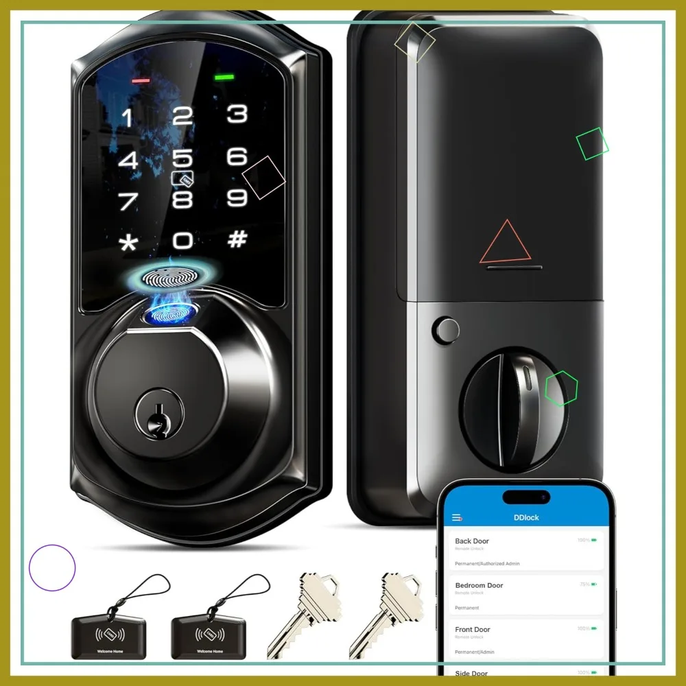 

7-in-1 Keyless Smart Door Lock with Fingerprint, Touchscreen Keypad, App Control, Auto Lock for Front Door in Matte Black