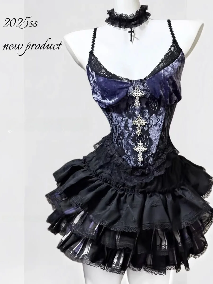 

Sweet Cool Spicy Dark Gradient Splicing Lace Trim Halter Black Puffy Cake Short Skirt Sexy Two Piece Set Women's Fashion Ense...