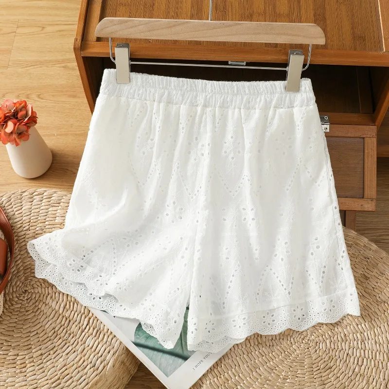 

Elastic waist lace casual shorts for women, summer 2025 new high waist slimming wide leg pants