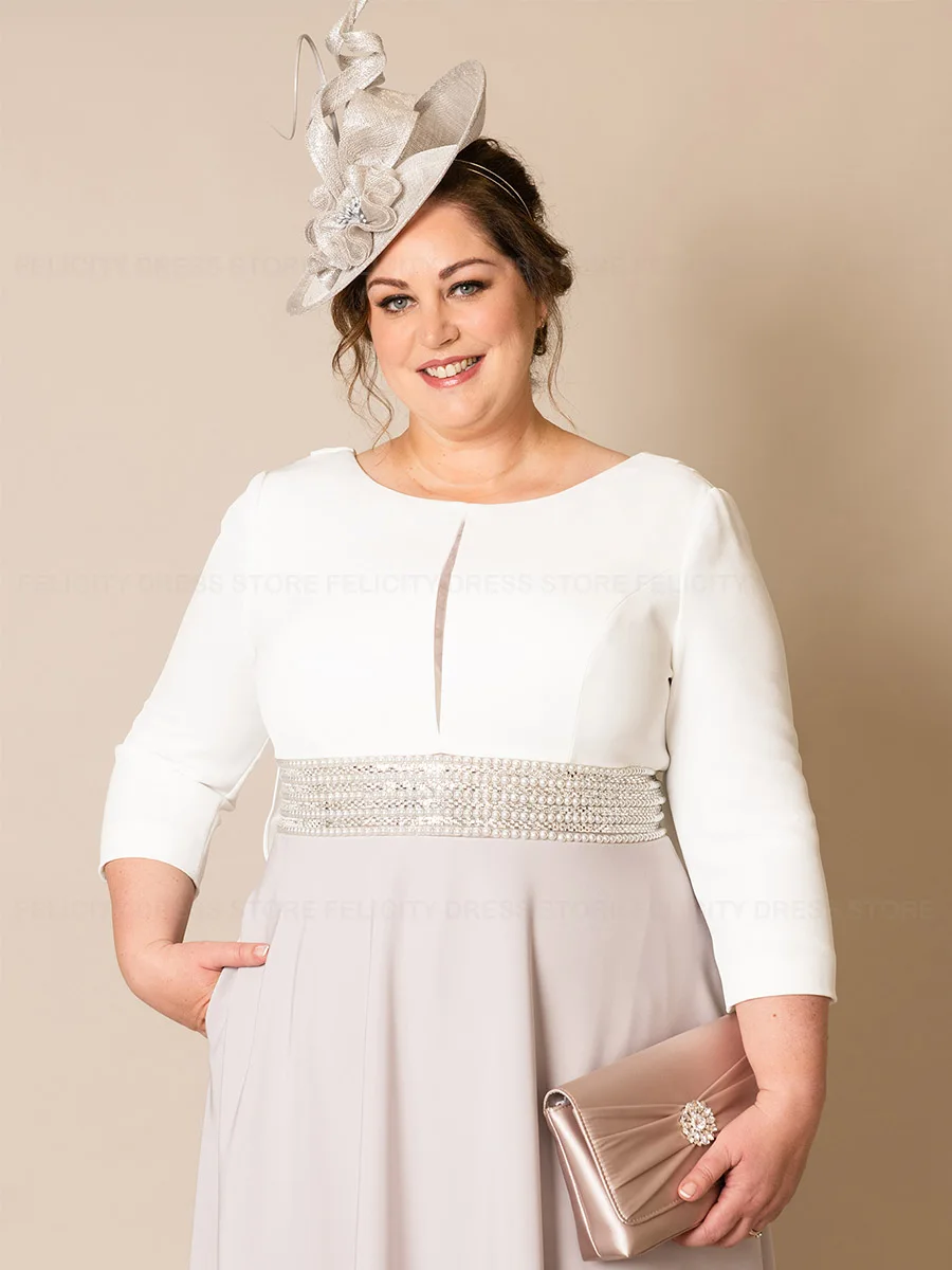 Luxury Plus Size Mother of the Bride Dress 2023 A-Line O-Neck Wedding Guest Dresses Pleated Pearls Tea-Length فستان حفلات الزفاف