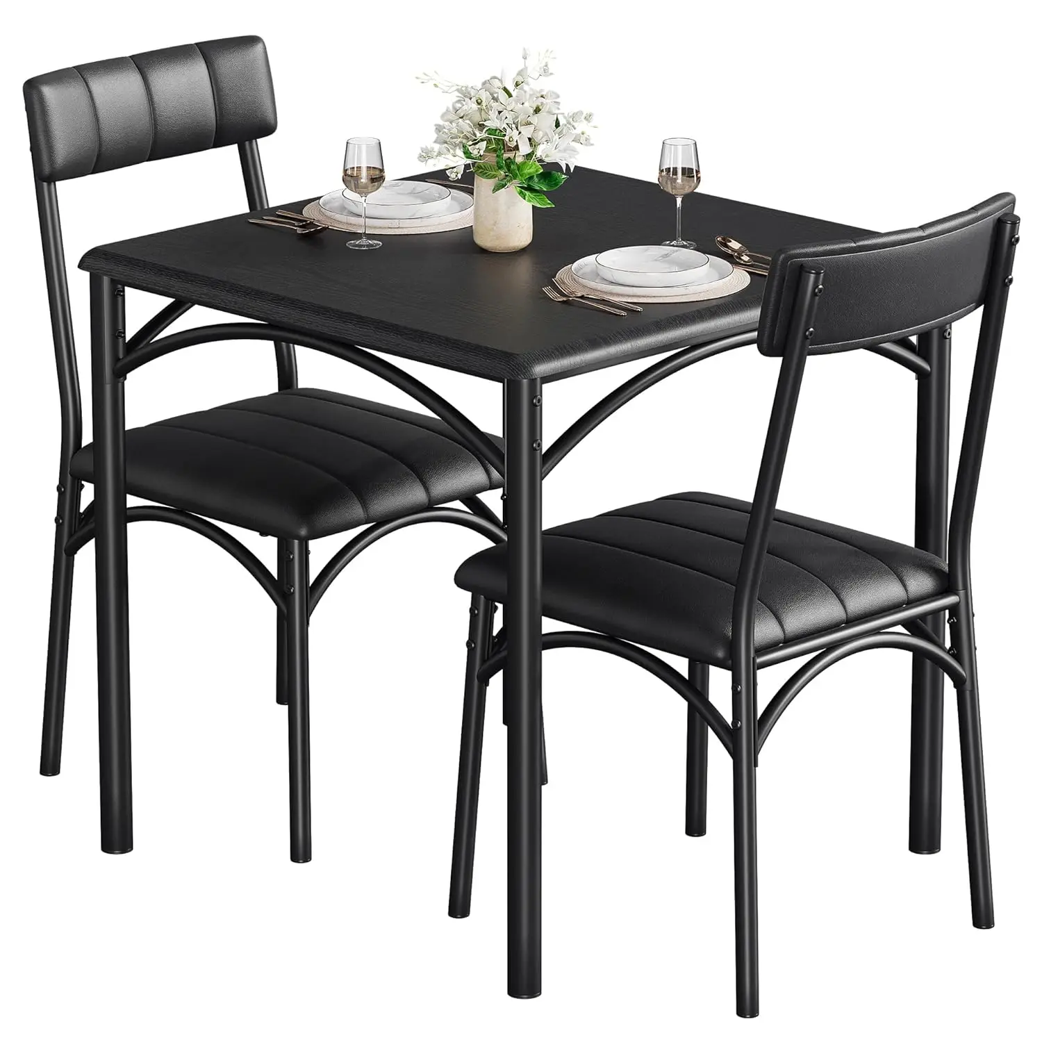 

Dining Table Set for 2, 3 Pieces Square Kitchen Table with Upholstered Chairs, MDF Thickened Tabletop, Small Space, Customized