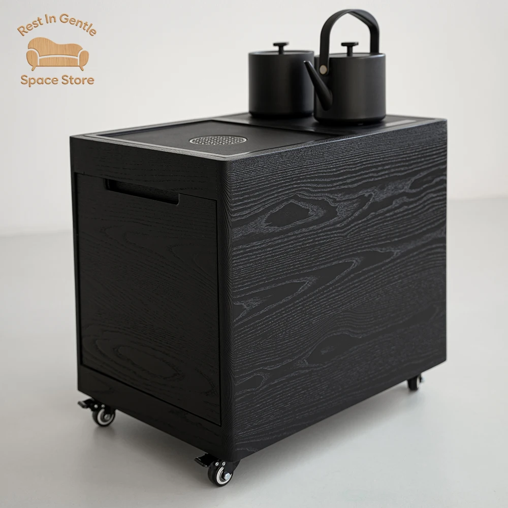 Wabi-sabi tea table side ash wood tea cabinet coffee table movable  table kettle integrated household  cart