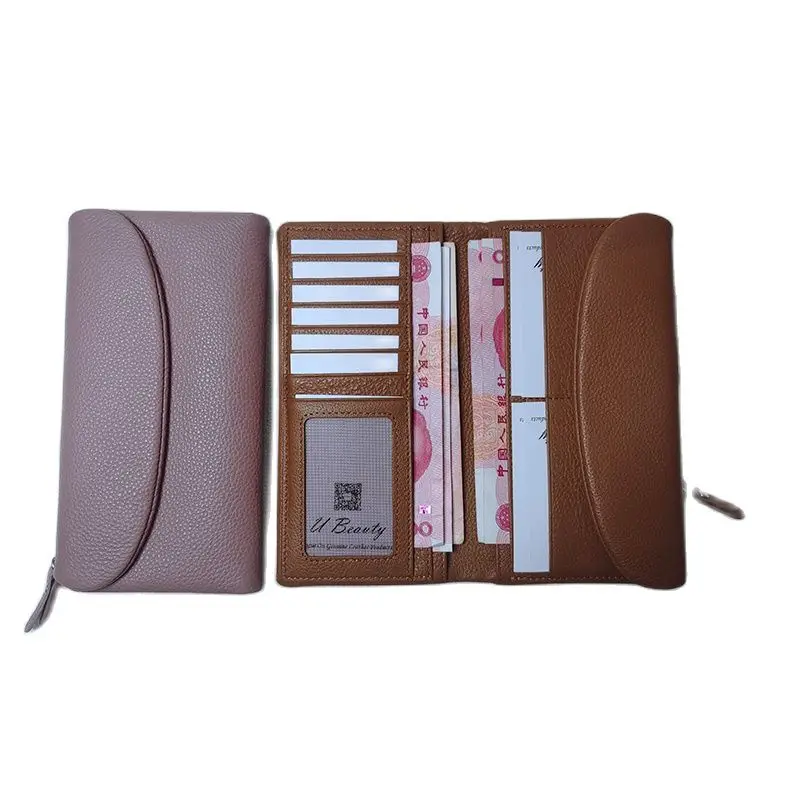 Porte-monnaie en cuir de vache véritable pour femme, portefeuille long, porte-cartes fonctionnel, multi-poches, style simple, sac à main en poudre, luxe, doux, nouveau