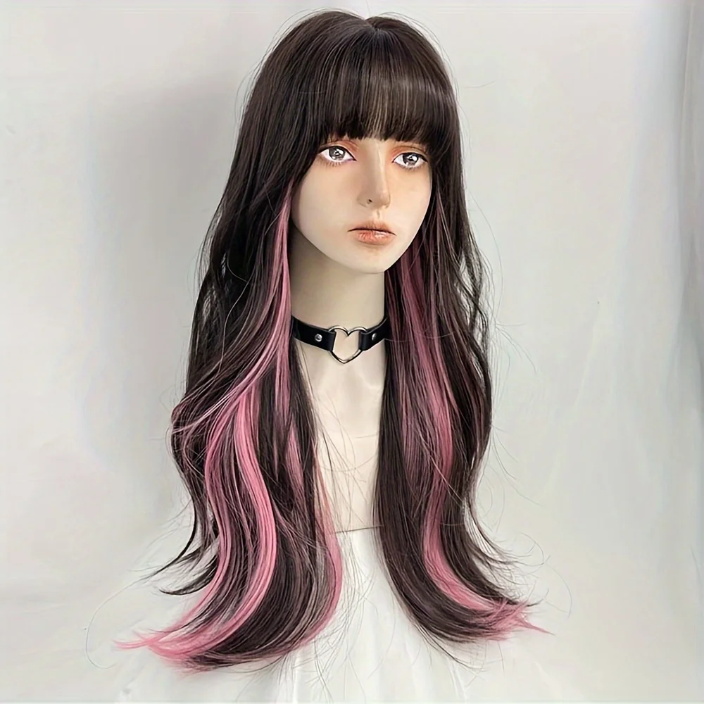 Synthetic Long Wavy Black Pink Layered Blend Wig With Bangs Cosplay Women Fluffy Hair Wig For Daily Party Heat Resistant