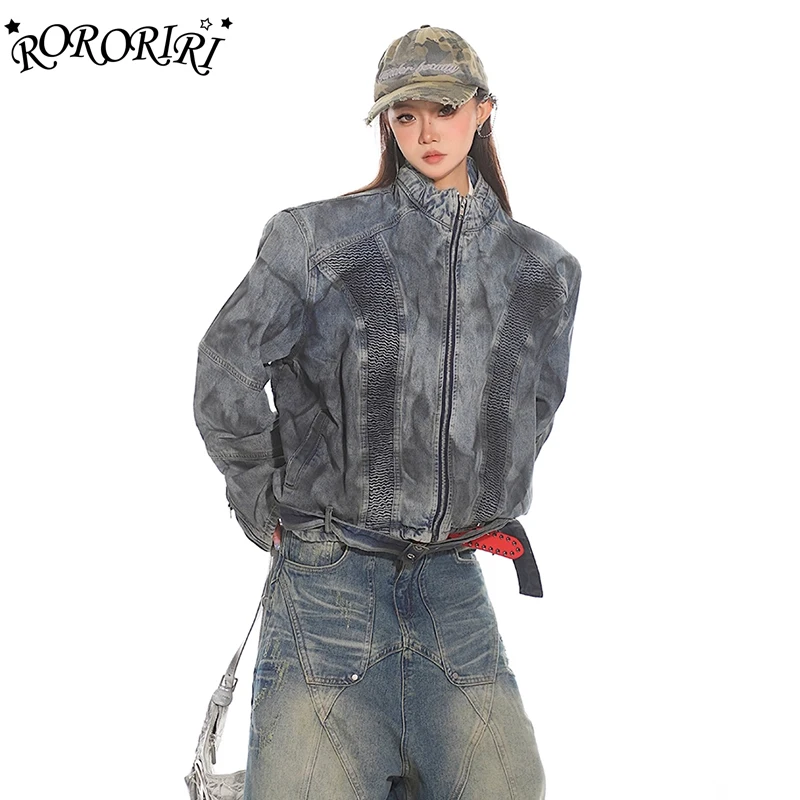 RORORIRI Women Dirty Wash Belted Denim Jacket Vintage Distressed Pleated Stand Collar Zip-up Oversize Coat ICON Street Outerwear