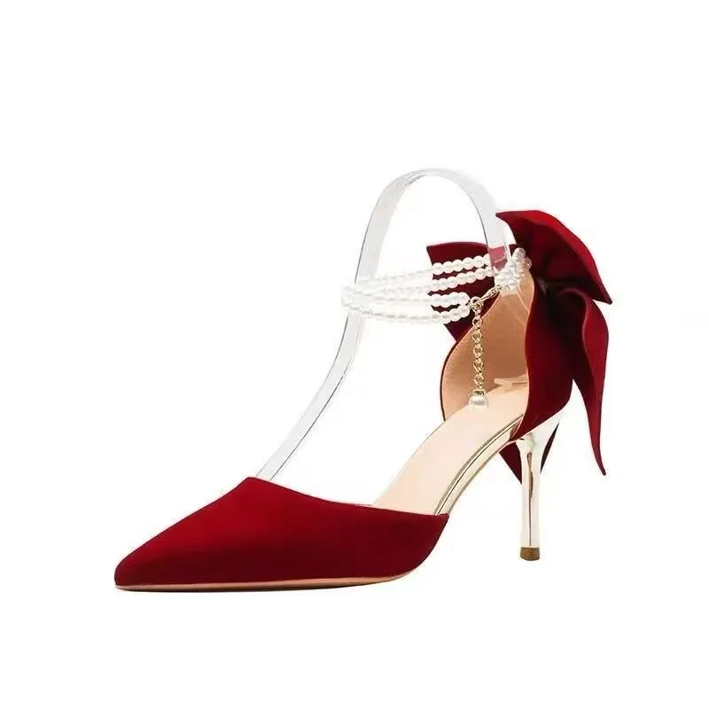 

2026 Red Wedding Shoes New Pointy Stiletto /Thick Heels High Heels Female Shallow Mouth Bow One Word Buckle Strap Bride Shoes