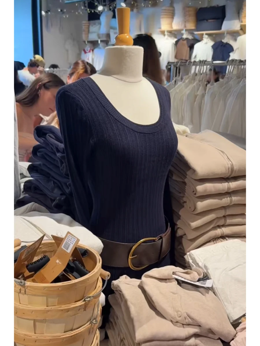 

Темно-синяя трикотажная футболка в рубчик, женская хлопковая футболка с круглым вырезом и длинными рукавами, тонкий пуловер, осенние простые однотонные универсальные винтажные футболки Y2k