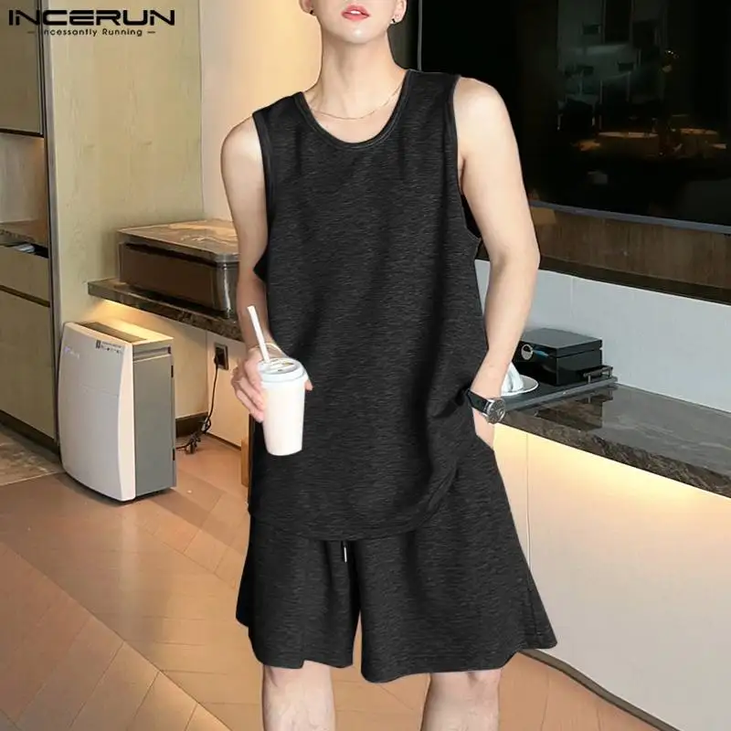 INCERUN 2024 Korean Style Sets Fashion New Men Sleeveless Tank Tops Shorts Male Casual Simple Solid Knitted Two Piece Sets S-5XL