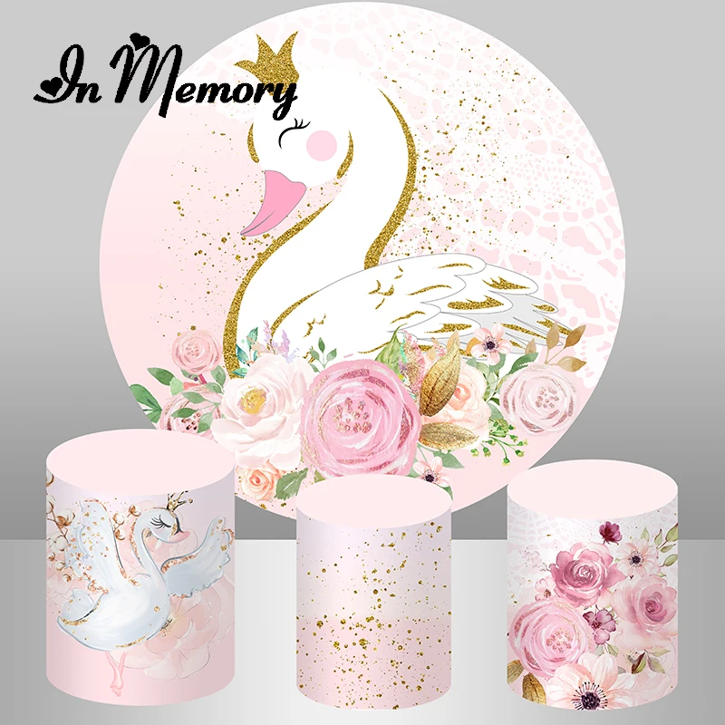 

InMemory Pink Flowers Swan Round Backdrop Gold Glitter Girls Newborn Baby Shower 1st Birthday Party Background Plinth Cover