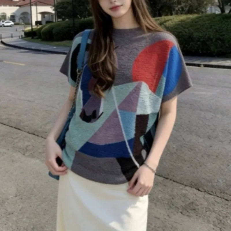 Miyake Pleated T-Shirt 2026 Abstract Horse Head Print Short Sleeve T-Shirt Women Summer New Loose Slim Round Neck Elegant Top