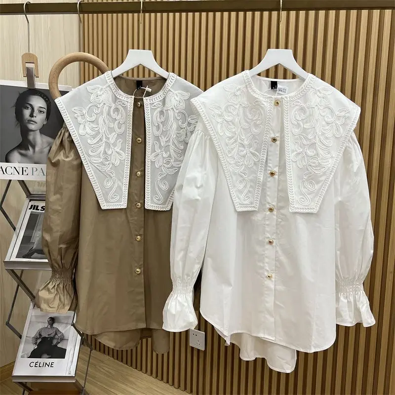 2023 New In Appliques Peter Pan Collar Original Design Tops Women Shirts Solid Flare Bell Long Sleeve Loose Blouses Black White