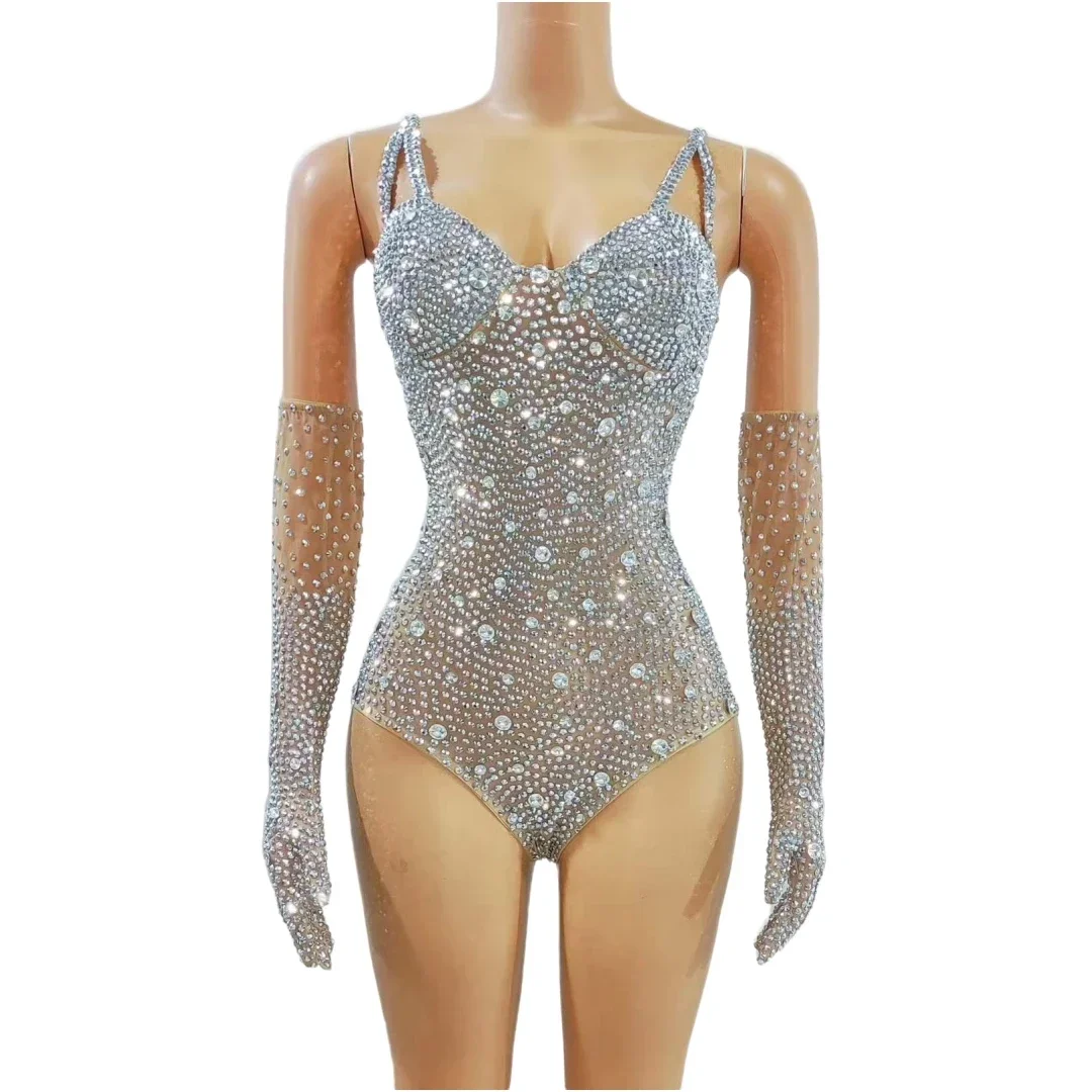Body scintillanti con strass completi per donna con guanti Cantante da ballo Abbigliamento da palcoscenico Drag Queen Compleanno Abito estivo