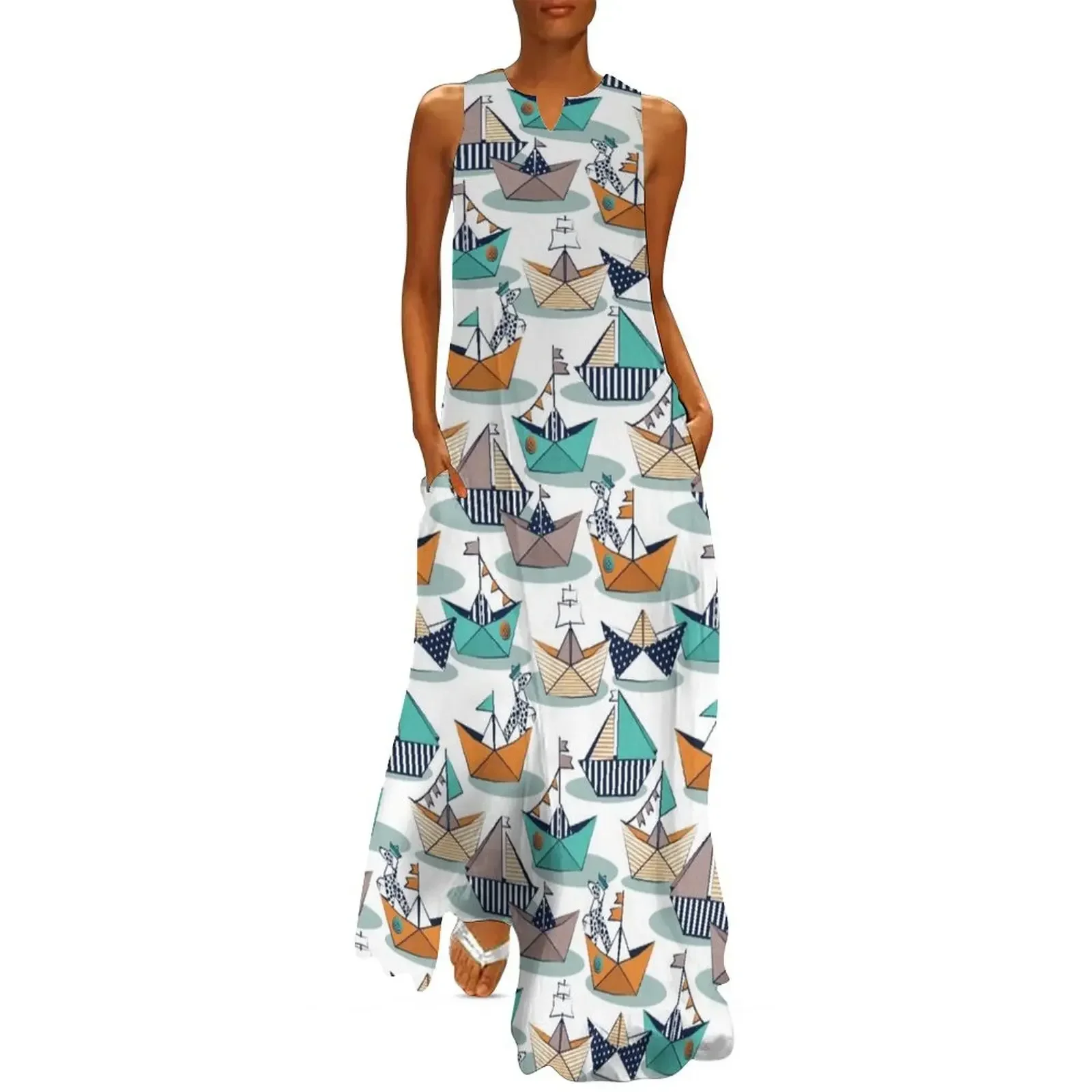 

Origami dog day at the lake // white background orange aqua and brown taupe origami sail boats with cute Dalmat Long Dress