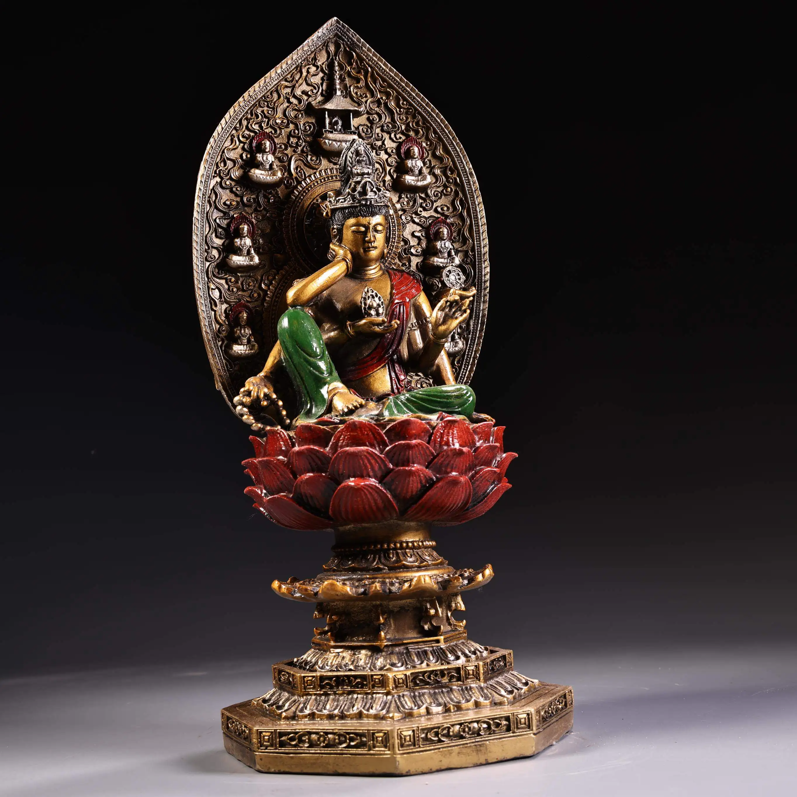 Four Armed Avalokiteshvara Chenrezig Statue Copper Hand Painted Gold Handmade Tibetan Buddhist Altar Decor Collectible