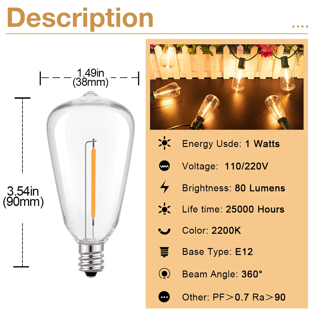 Retro Edison LED Replacement Light Bulbs ST38 Clear Shatterproof Bulbs for Indoor Outdoor 1W E12 2200K Warm White Vintage Lamp